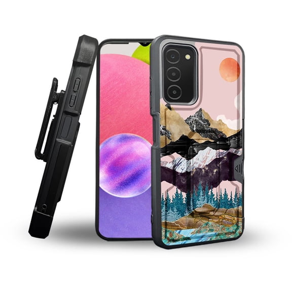 ANJ  Rugged Shockproof Holster Case Card Slot Kickstand   Tempered Glass Cover for Samsung Galaxy A03s - Marble Mountain