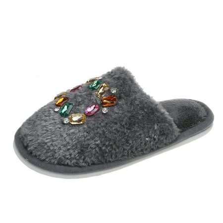 

Youmylove Women Slippers Fashion Rhinestone Plush Solid Color Warm Comfortable Flat Casual Slippers Leisure Ladies Cozy Daily Walking