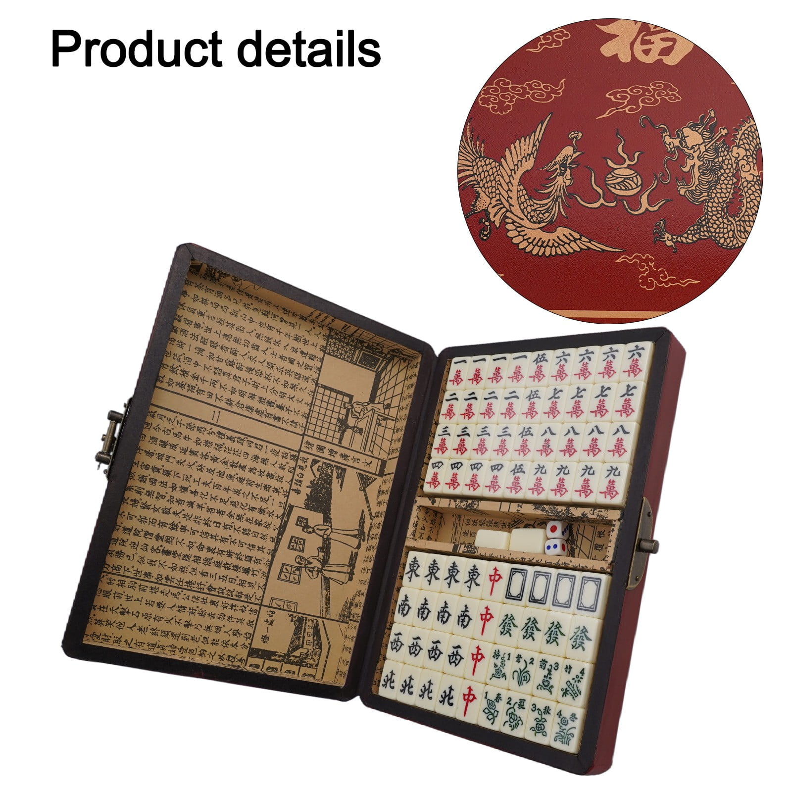 Portable Chinese Mahjong Set with 2pcs Dice Wooden Carrying Case for Travel Game