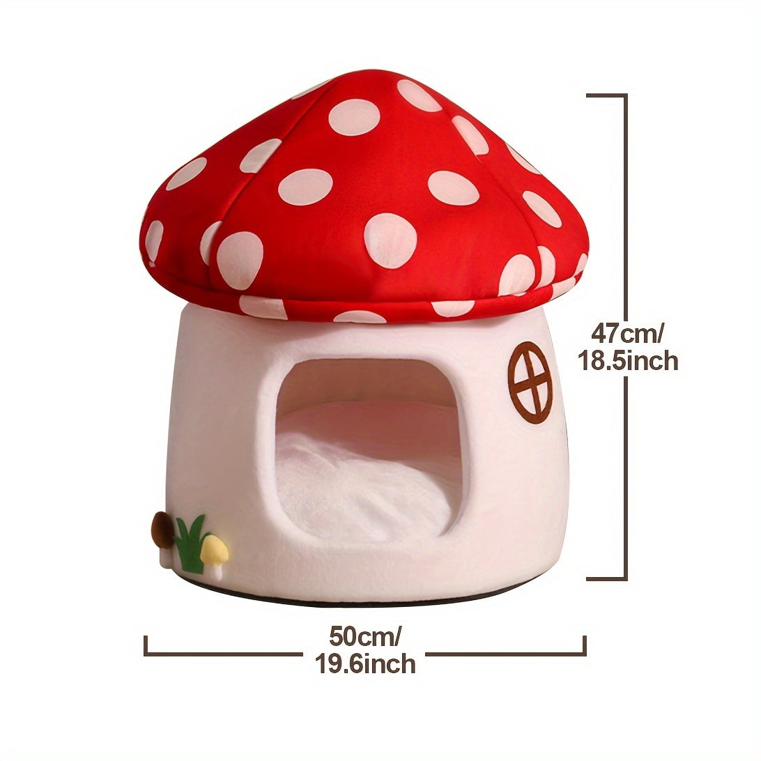 Cute Cat Bed Cave for Indoor Highland Mushroom Shaped Pet Plush House Self-Warming Nest Small Dogs Rabbits with Removable Cushion for Puppy Bed with Hanging Toy (Red Mushroom)