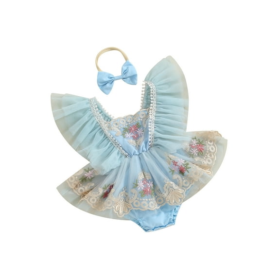Bagilaanoe Newborn Summer Outfits Baby Girl Rompers Dress Flower Embroidery Fly Sleeve Bodysuits   Hairband 3M 6M 12M 18M 24M Infant Patchwork A-line Dresses