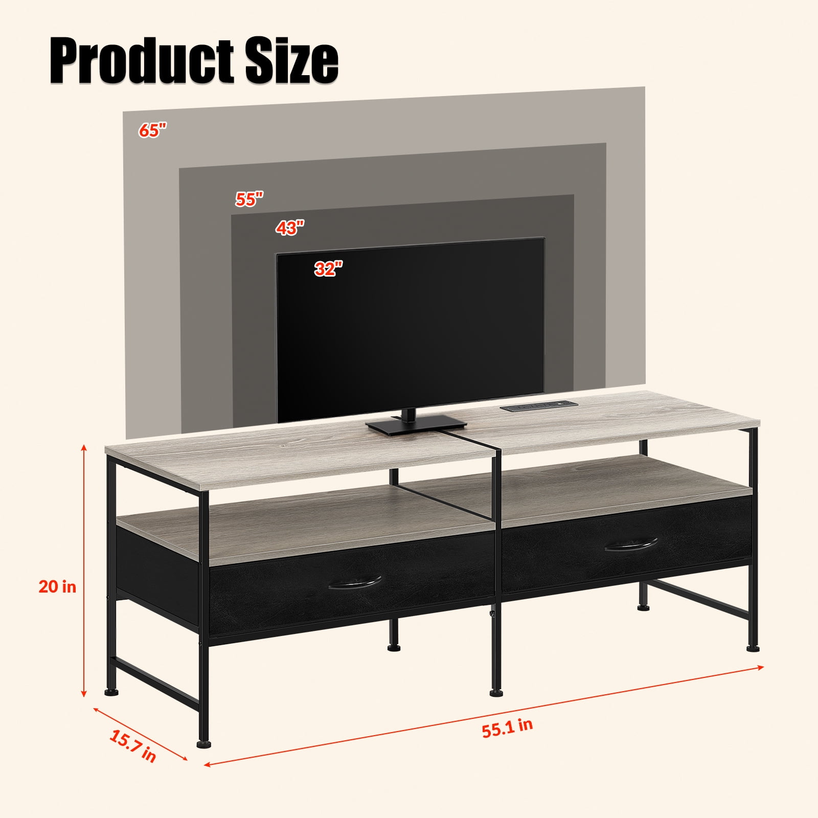 55"L Extended TV Cabinet Industrial TV Cabinet with Fabric for Living Room, Bedroom with Charging Stake Gray