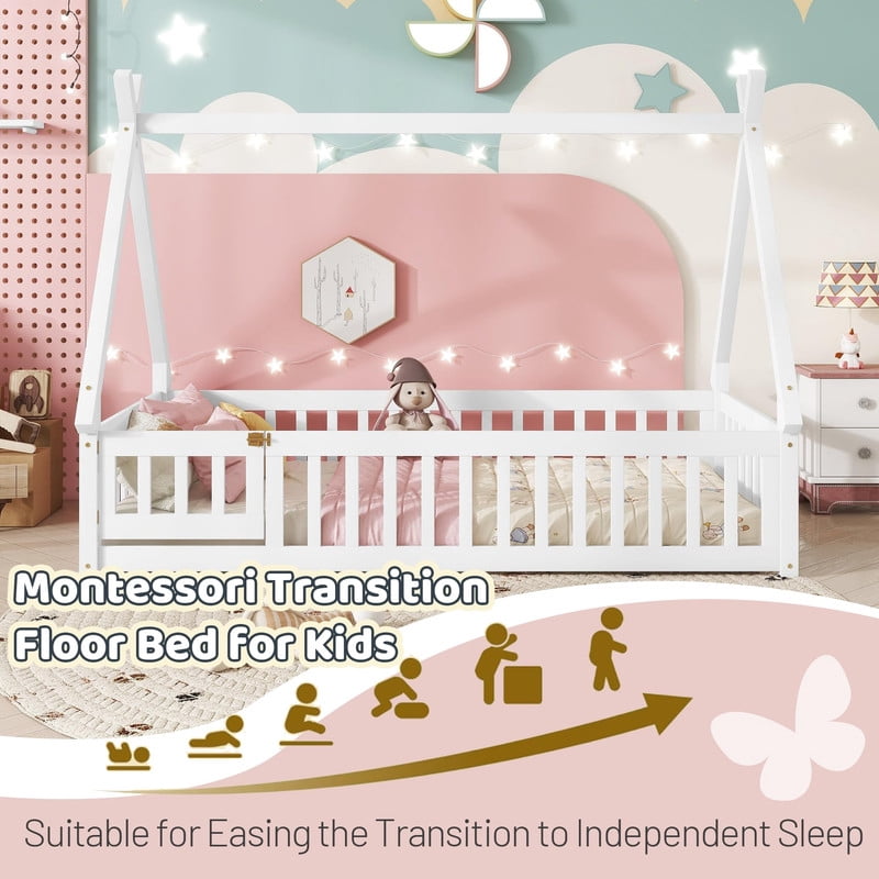 Mirightone Twin House Bed Frame with Rails and Door,Wood Montessori Bed with Slats Support,Teepee Tent Floor Beds Frame - White