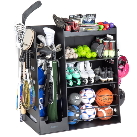 GoSports Premium Wooden Sports Equipment Organizer with Storage Hooks - Golf Bag Rack and Multi-Sport Ball Bin for Garage