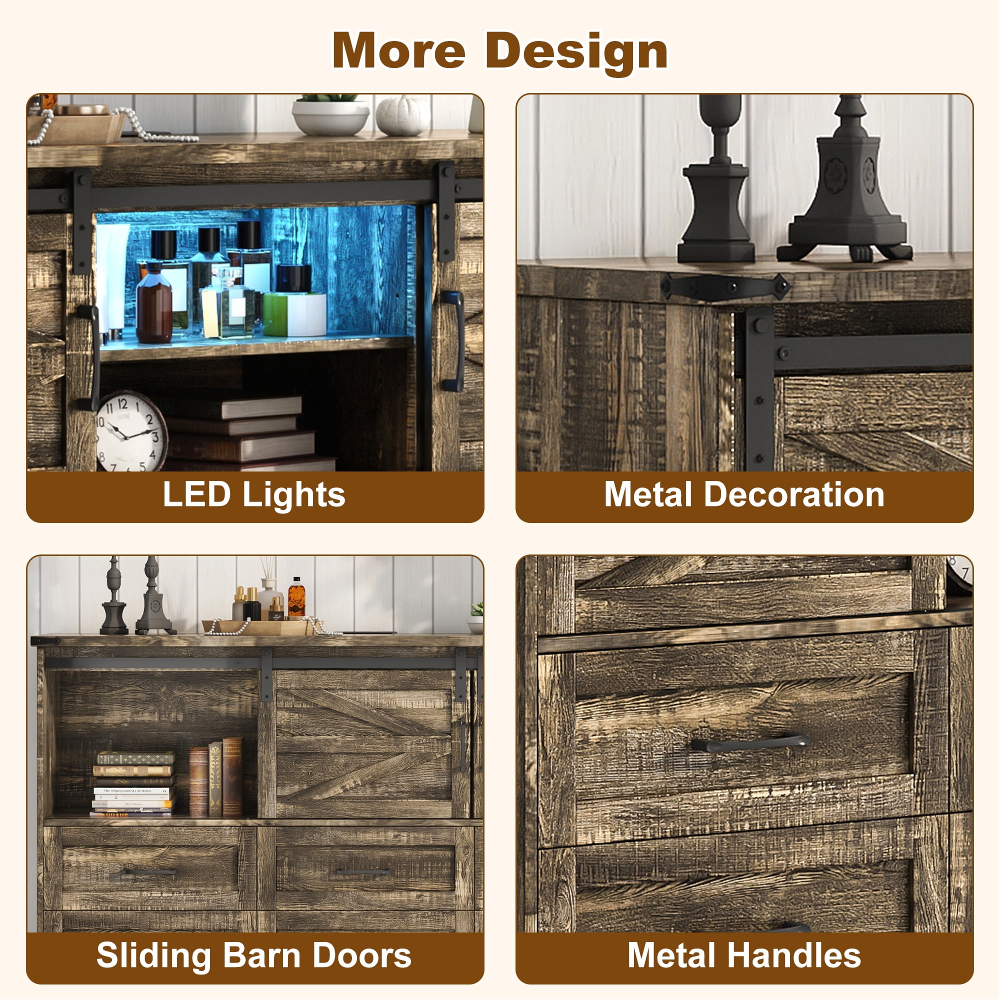ChVans 63'' Farmhouse Dresser with LED Light & Power Outlet, 9 Drawers, 2 Sliding Doors, 2 Storage layers, Rustic Dresser TV Stand for 70in TV, Wood Storage Cabinet for Bedroom, Living Room, Hallway