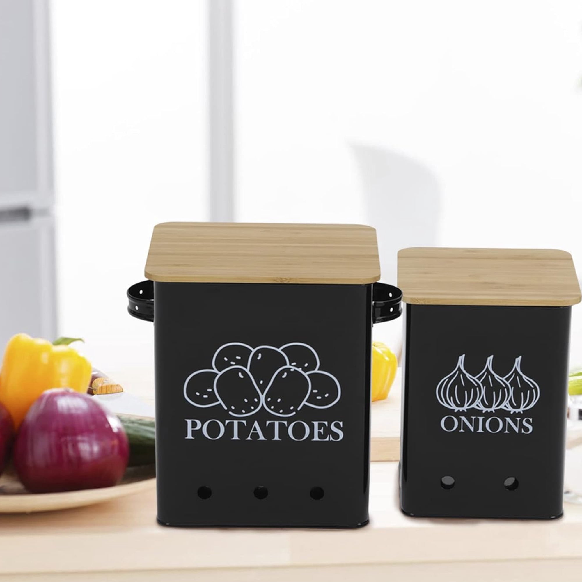 Brabtod Kitchen Vegetable Storage Tins 2 Pack Set for Potatoes&Onion, Metal Food Storage Container with Wooden Lid 7.5L Garlic Bin Caddy, Long Shelf Life Black