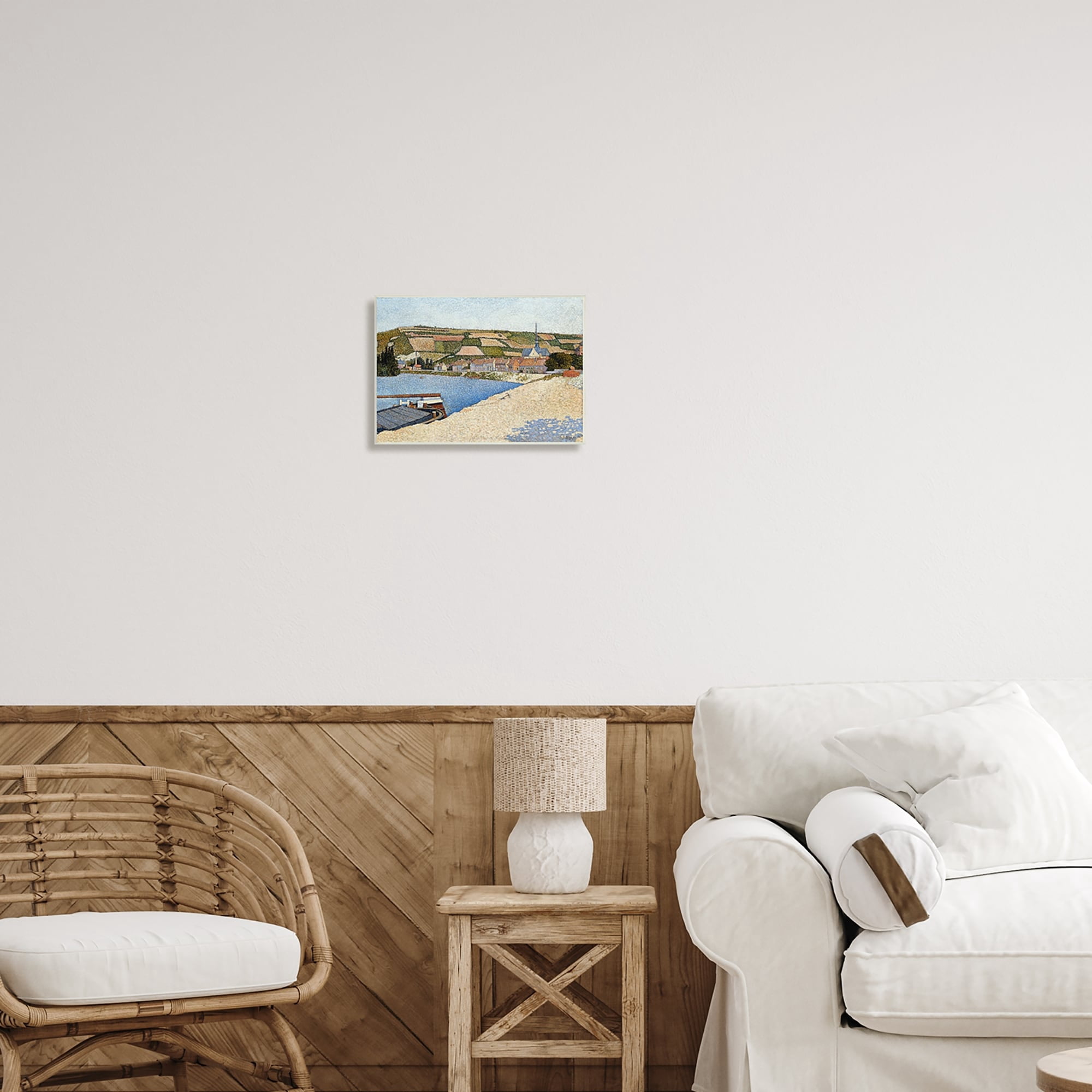 Stupell Industries Rural Waterside Town Boat Dock Distant Farmland Painting Unframed Art Print Wall Art, Design by Lettered and Lined