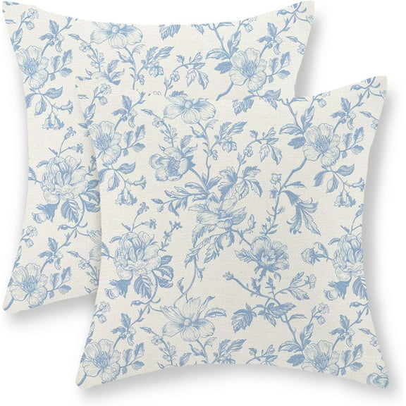 Baby Blue Floral Pillow Covers 16x16 Set of 2 Vintage Rustic Toile Chinoiserie Floral Throw Pillows Blue and Cream Flower Decorative Pillowcase Outdoor Decor Linen Cushion Case for Couch Sofa