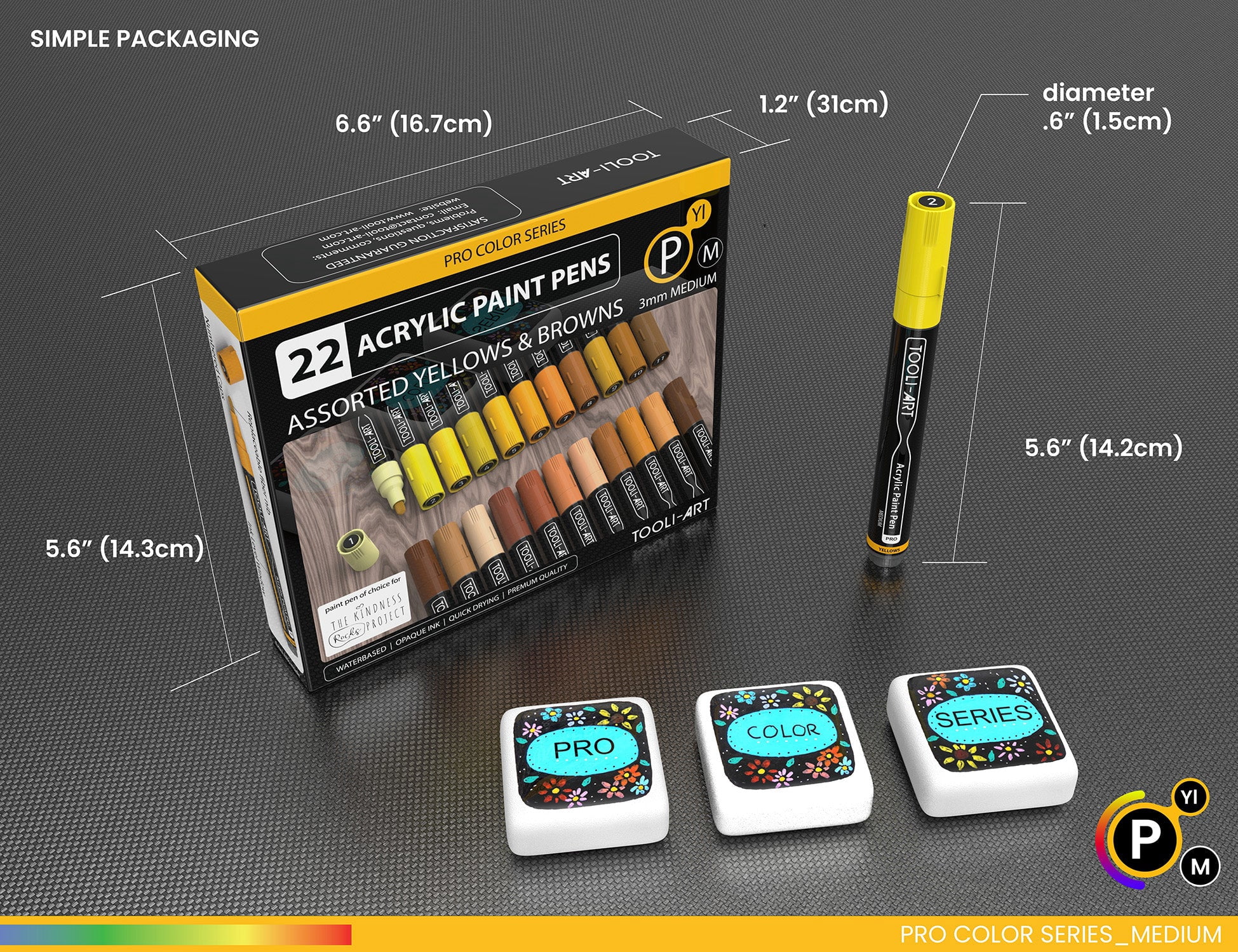 Tooli-Art Acrylic Paint Pens Yellow and Brown Pro Color Series Set with 3mm Medium Tip Marker Set of 22
