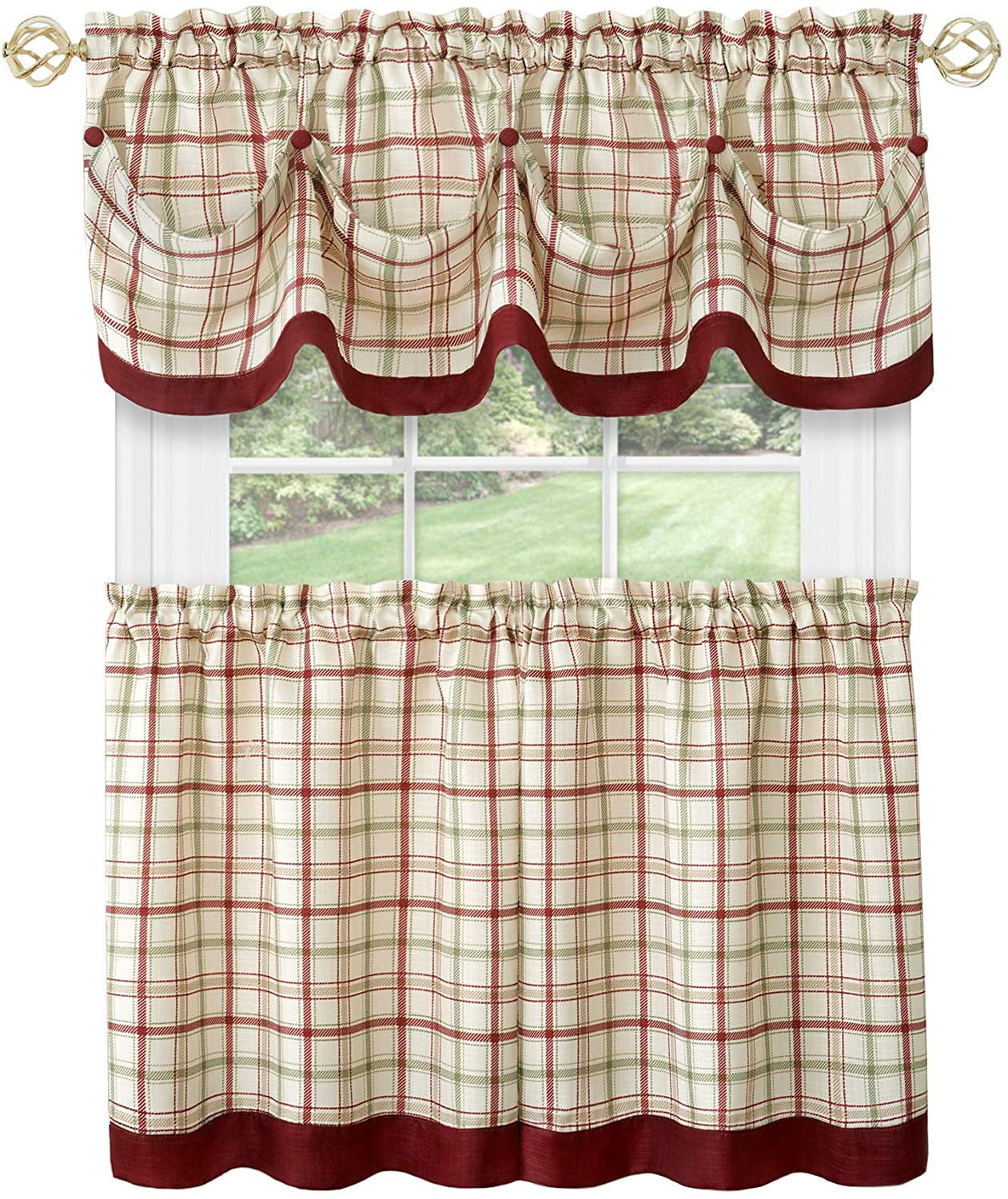 Christmas Tree Plaid Check Folk Art fabric window cover curtain topper Valance 