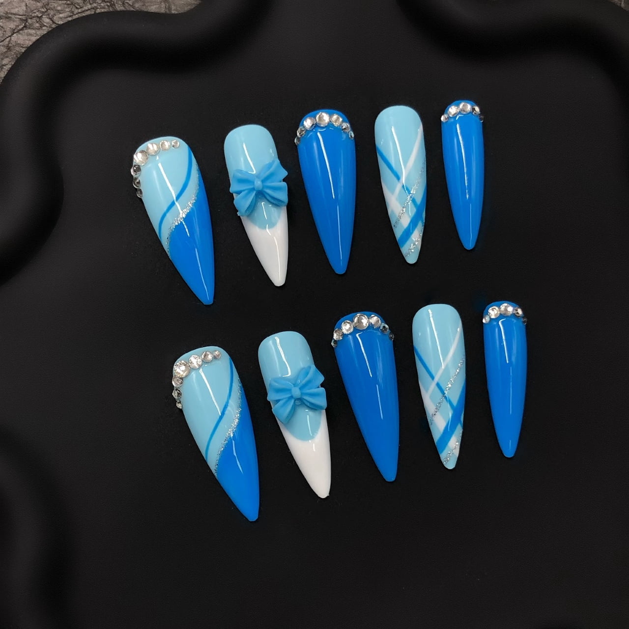 Handmade Press On Nails Blue Gradient with Bow and Rhinestones Long Set