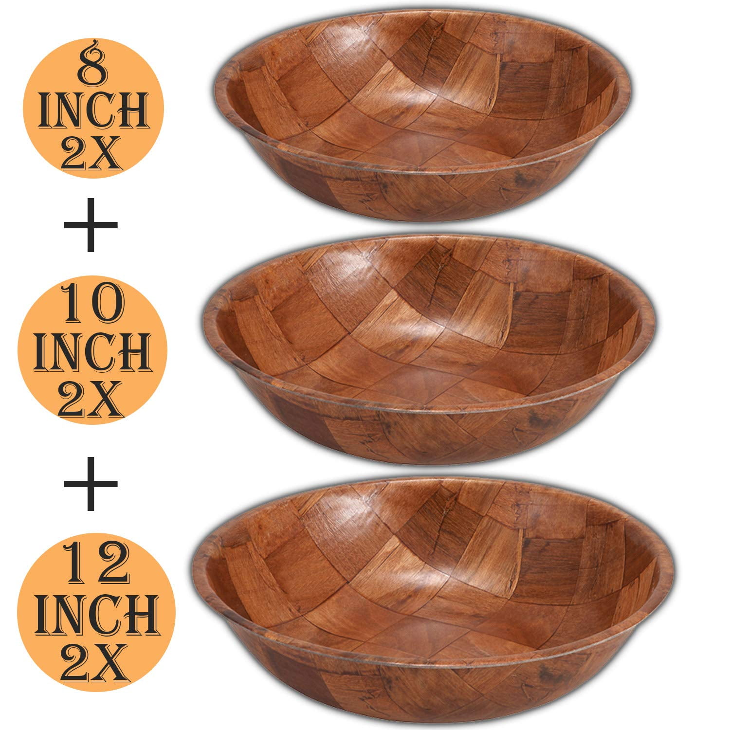 Wooden Salad Bowl Set of 6 Includes - 8, 10 and 12 Inch Wooden Bowls 2 of Each Size. Great for Fruit, Food, Salads, Mixing & Serving Bowls