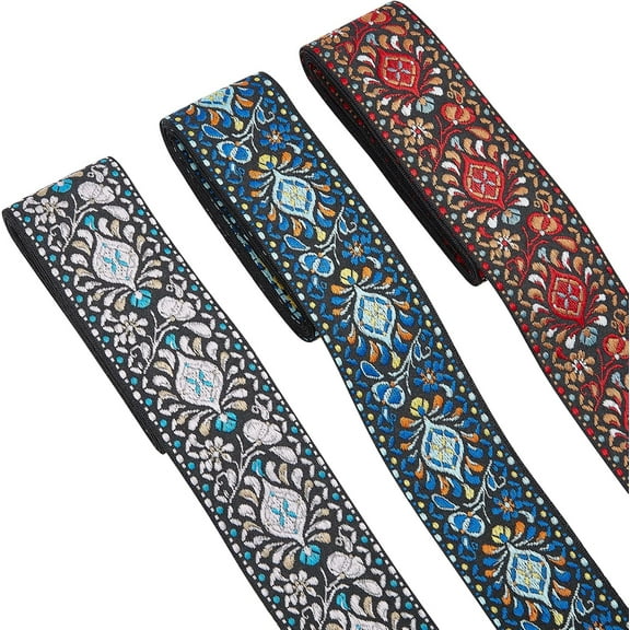 6 Yards 2 Inch Vintage Jacquard Ribbon 3 Colors Boho Embroidered Woven Ribbon Floral Fabric Trim Ethnic Style Sewing Bias Tape for DIY Sewing Craft Home Clothing Bag Embellishment Decoration Colorful