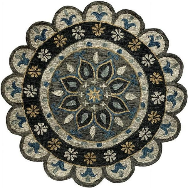LR Resources RUGSA99647IGY4ARD 4 ft. x 10 in. Floral Dreaming Medallion Scallop Border Wool Round Area Rug