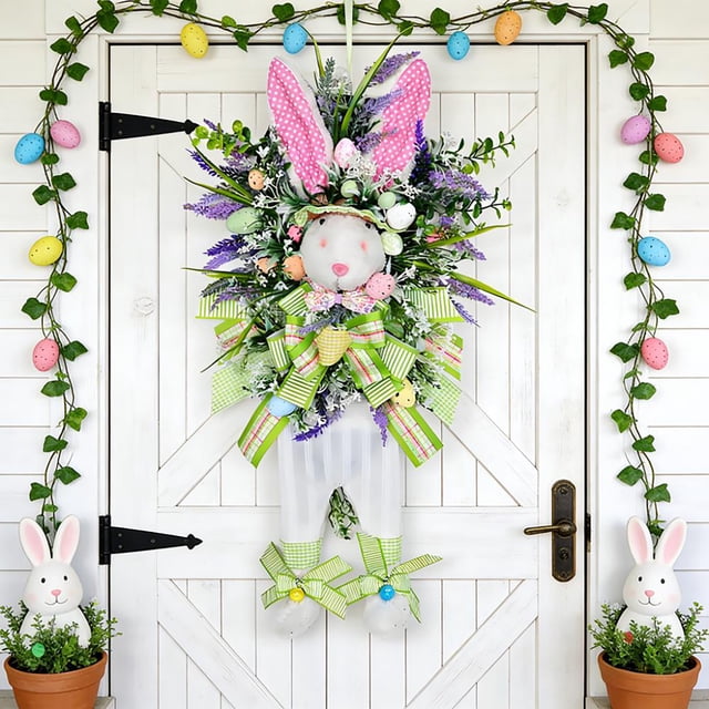 Aodebiao Bunny Easter Wreath for Front Door - Spring Decor with Cute Rabbit, Outdoor Indoor Hanging Decoration for Window Wall Fireplace, Easter Door Sign
