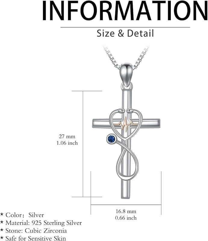 JKR Gifts for Nurse 925 Sterling Silver Stethoscope Cross Necklace for Women Nurse Birthstone Jewelry Nursing Themed Medicine Nurses Day Gifts Doctor Medical Student RN