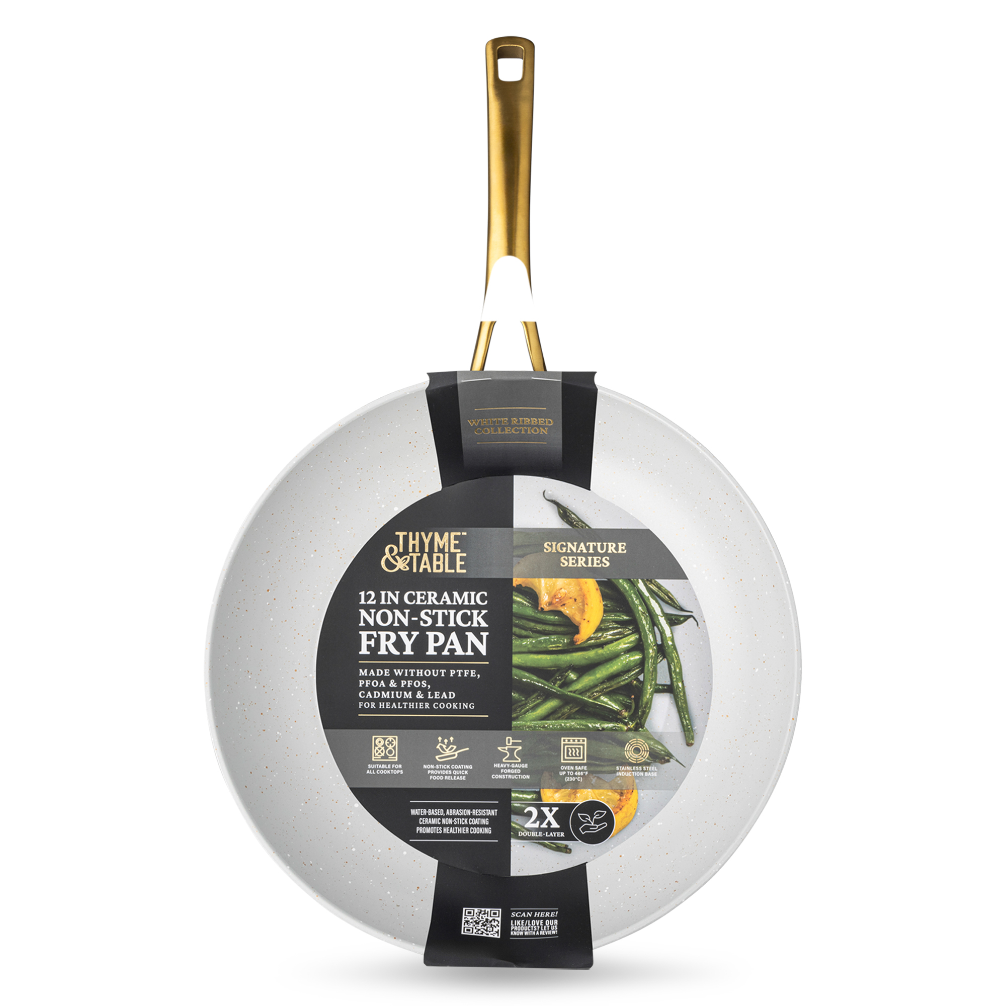 Thyme & Table 12" Ceramic Nonstick Ribbed Fry Pan, White & Gold photo 7