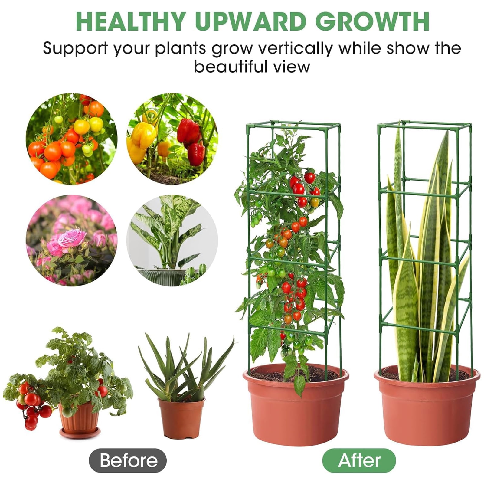 MQHUAYU 6 Pack Green Square Tomato Cages, 41.7" Heavy Duty Plant Support Cages with 20 Plant Clips, Plastic-Coated Steel Rust-Resistant Trellis for Garden Climbing Vegetables, Flowers and Fruits