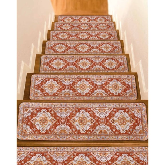 Bohemian Non-Slip Stair Treads for Wooden Steps, 15 Pack 8x30 Inches Carpet Stair Mats with Adhesive Backing, Noise-Reducing Step Covers for Indoor Stairs, Easy to Install & Residue-Free