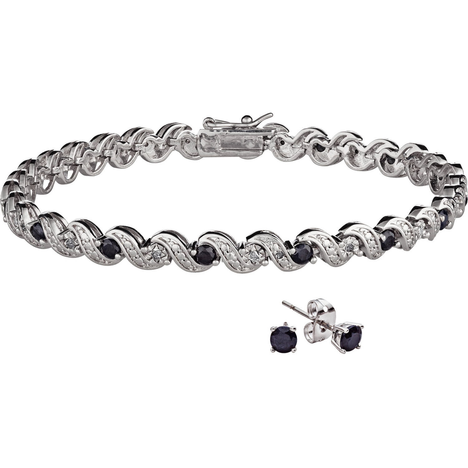 Rhodium Plated Diamond Accent & Sapphire Bracelet 8in with earrings by Generic