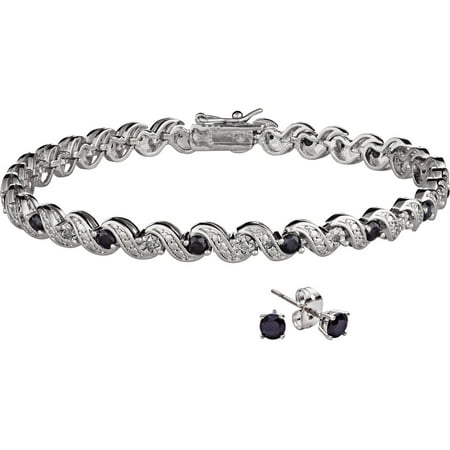 Rhodium Plated Diamond Accent & Sapphire Bracelet 8in with earrings