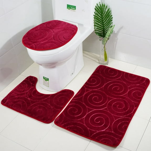 WHAMVOX Three Pieces Bathroom Mat Set Flannel Embossed Circle Nonslip Bath Bathtub U-shape Rug Carpet Toilet Seat Lid Cover (Red)