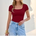 thumbnail image 6 of Short Sleeve Square Neck Tees for Women Slim Fit Crop Y2K Casual Summer Cute Basic Going Out Workout Gym Fashion Tops 2026 Wine S, 6 of 6