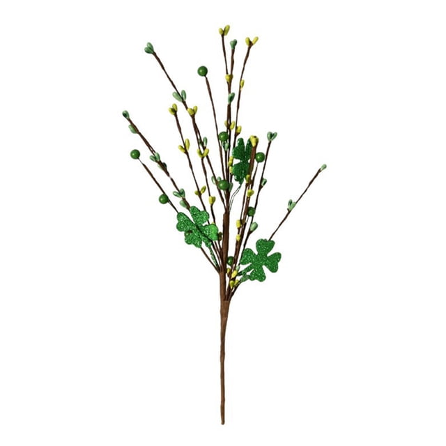 Trébol artificial para el Día de San Patricio, con purpurina, bayas y tallos de trébol de cuatro hojas para arreglos florales, jarrón irlandés, centro de mesa para el hogar.