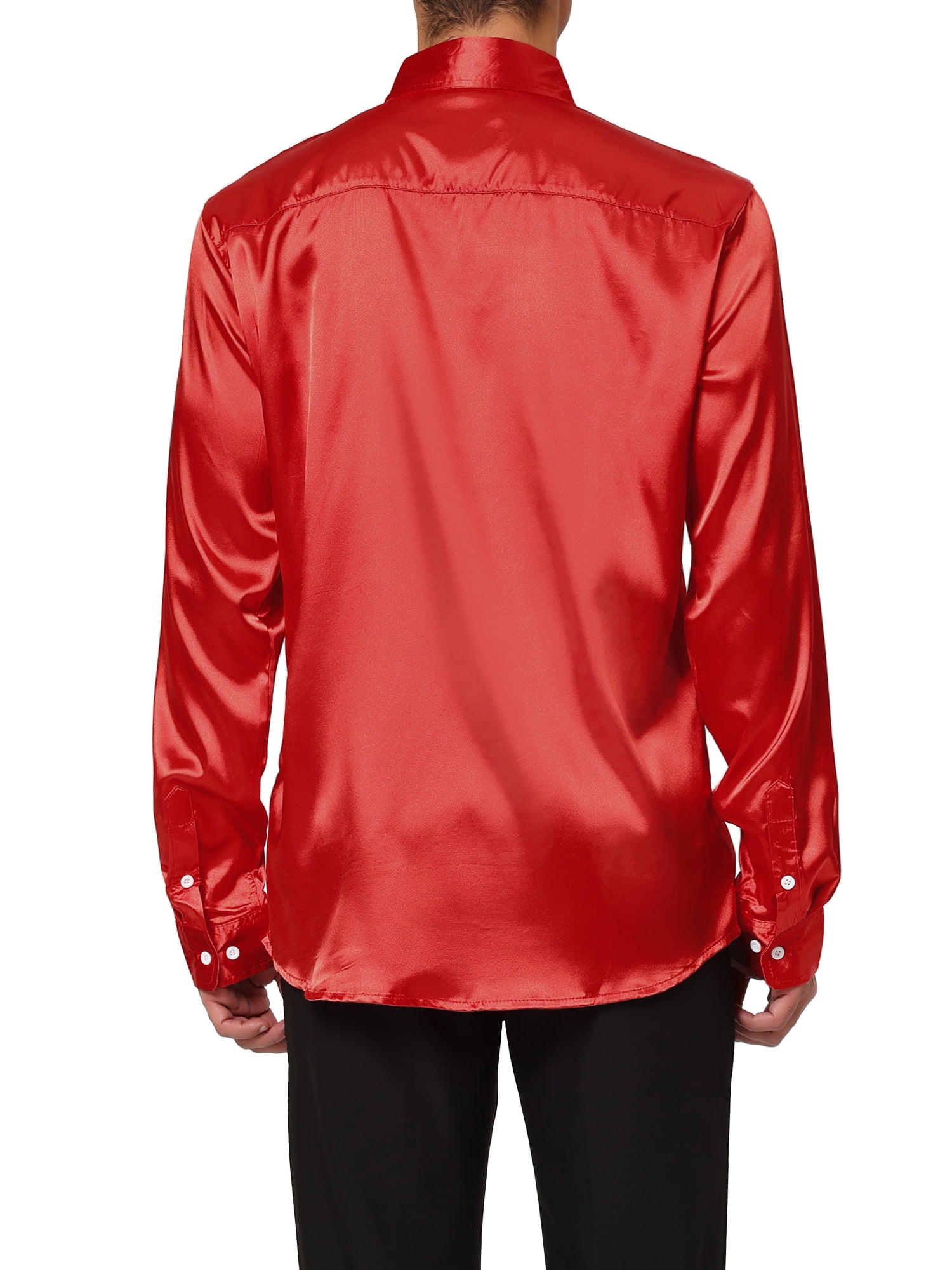 Unique Bargains Men's Satin V Neck Long Sleeves Button Down Prom Shirts S Bright Red
