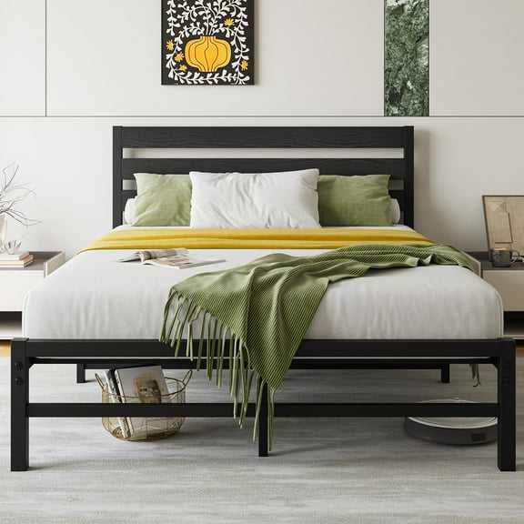 ENYOPRO Black Full Metal Bed Frame, High Metal Platform Bed w/ Wood Headboard, Modern Bed Frame with Under Bed Storage, Non-Slip, No Box Spring Needed, Easy Assembly