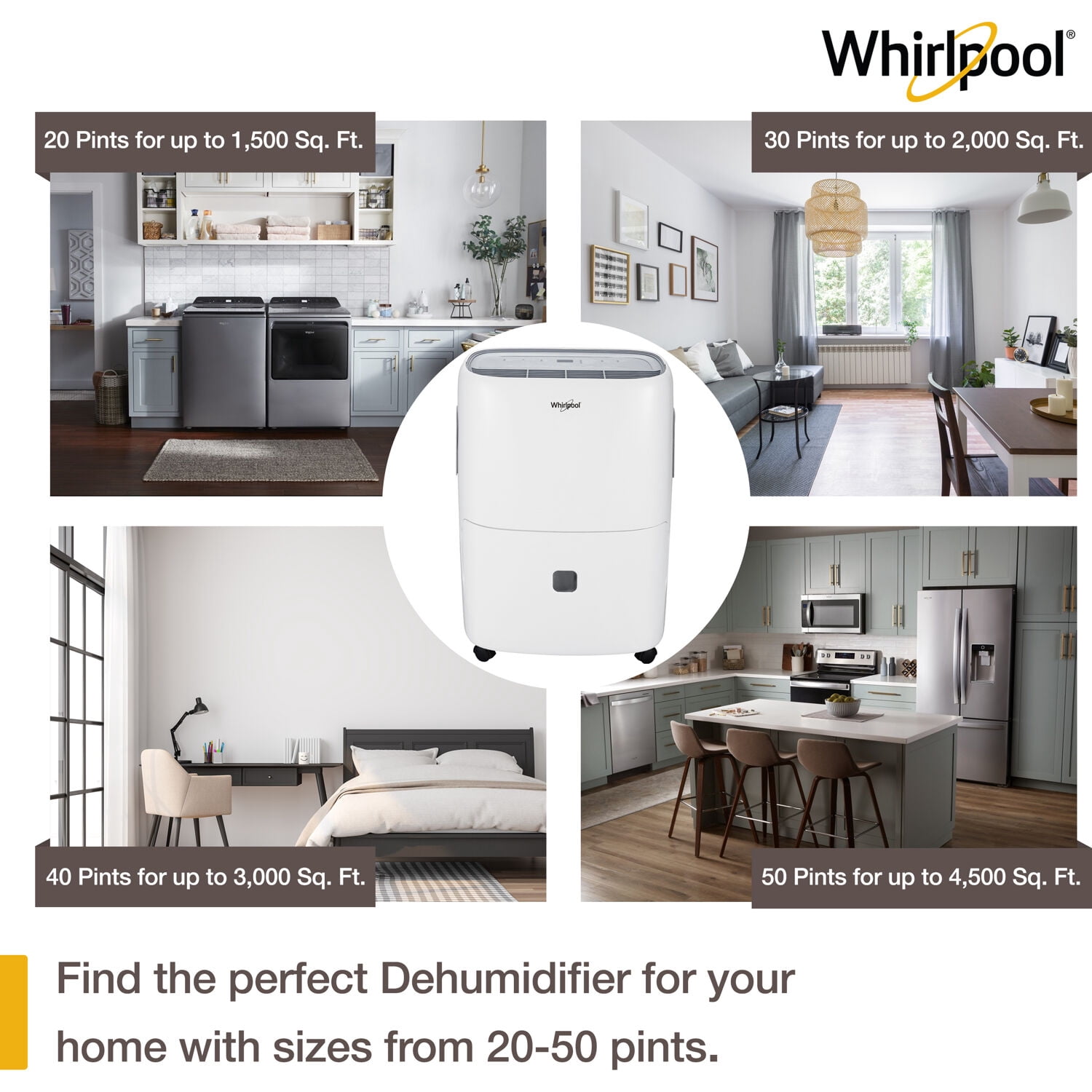 Whirlpool 40 Pt. 3,000 Sq. ft. Dehumidifier in White - Built-In Pump, Automatic Shut-off