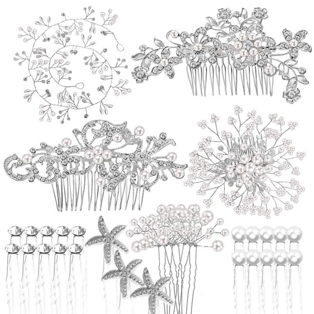 44 Piezas Peinetas de Boda para Novias Accesorios para el Cabello de Novia de Cristal de Perlas Clips Laterales en Forma de U Horquillas en Espiral con Diamantes de imitación Plateados para Mujeres Da