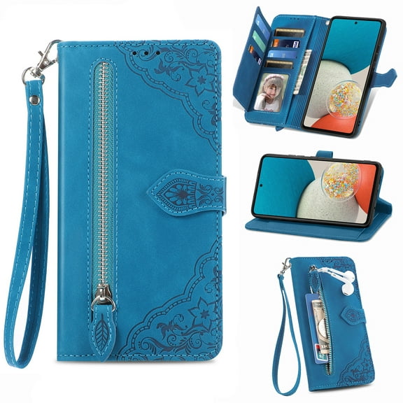 Nalacover Wallet Case for Samsung Galaxy A04E, Embossed Pattern Design Zipper Pocket Handbag Wrist Strap Premium PU Leather Flip Cover with Card Slots Holder Magnetic Clasp Kickstand Case,Blue