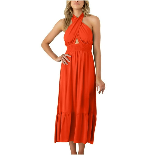 Robe d'Été pour Femmes à Col Licou Croisé Sans Manches, Couleur Unie, Découpes, Dos Nu, Fluide, Ligne A, Robe Maxi