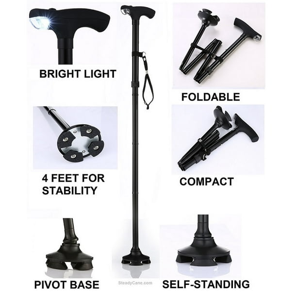 Best Walking Cane - Guaranteed - 4 Feet Stand-Up Cane - With LED