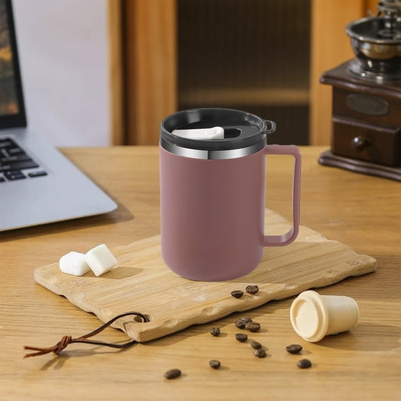 Insulated Coffee Mug 14oz Stainless Steel Tumbler, Leak Proof Travel Mug with Handle, Double Wall Vacuum, Hot & Cold Cup for Office Commute, Matte Pink
