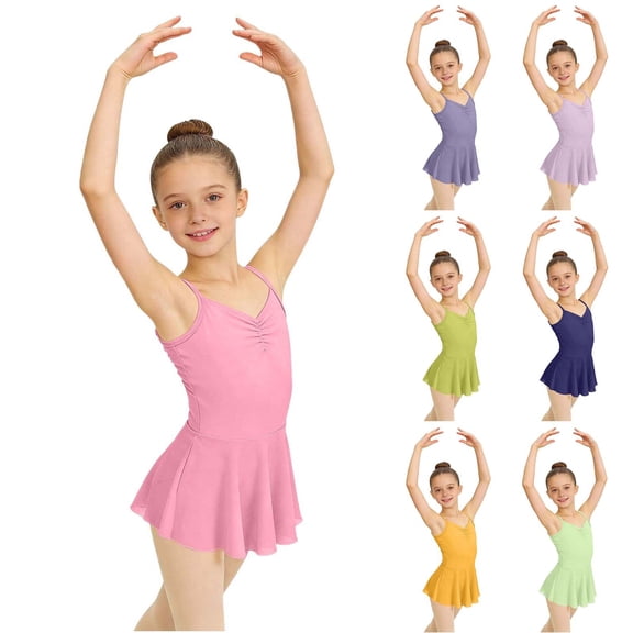 HBGVBA Little Girl and Teen Girl Dance Dresses,Long Sleeve Slim Fitted Dress,3-15 Years Solid Tank Skirt V Neck Dance Leotard Practice Dress
