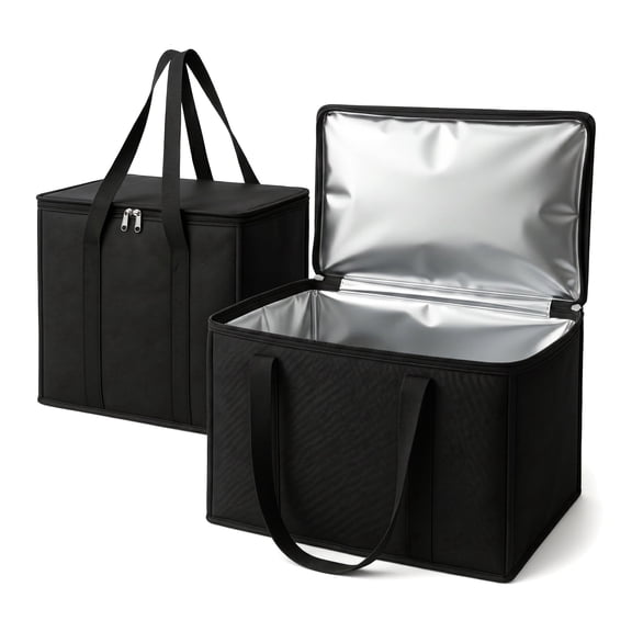 2 Pack XL Insulated Grocery Bags, Black Reusable Thermal Zipper Tote, Collapsible Cooler for Hot & Cold Food Transport, Camping & Shopping