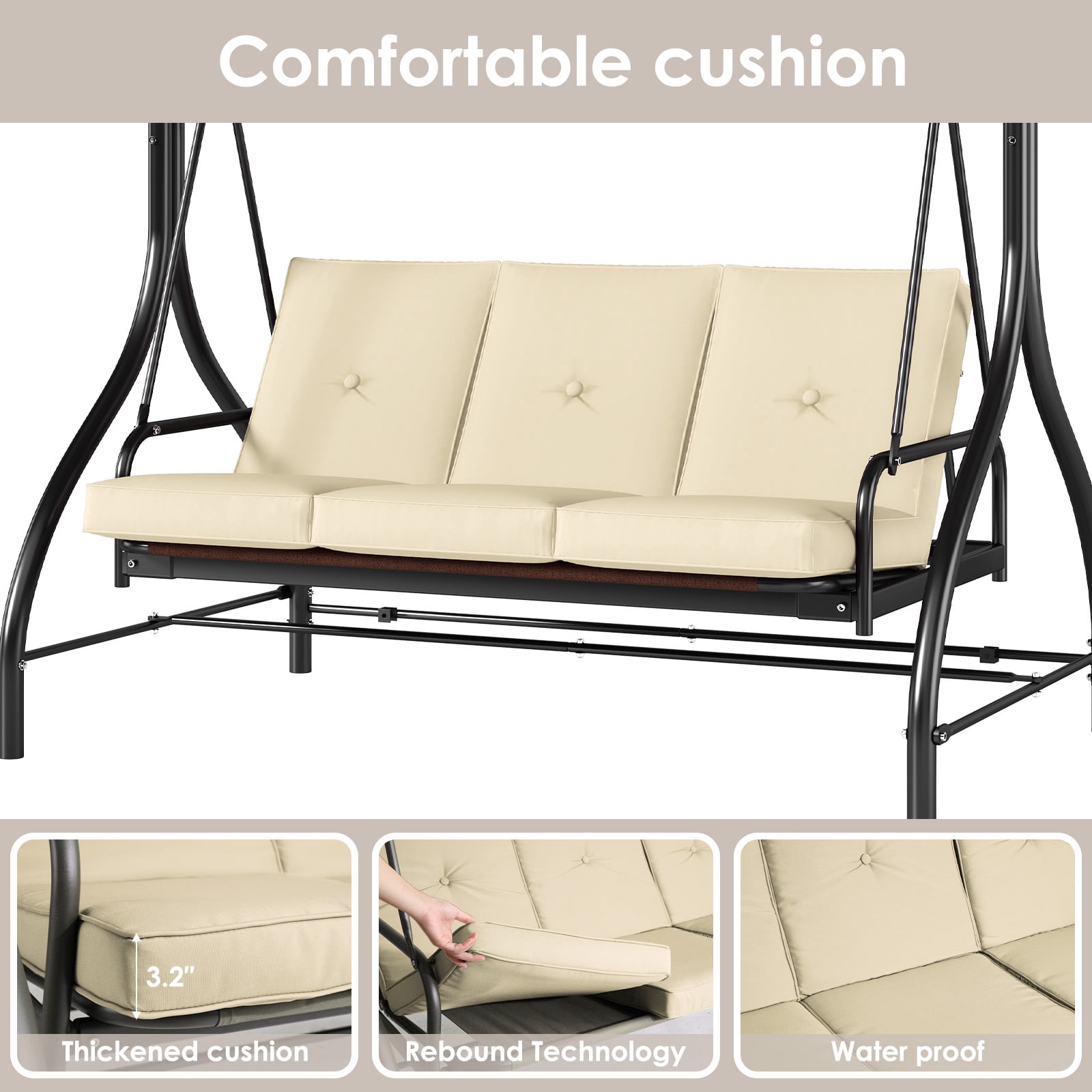 Arlopu 3 Person Porch Swing Outdoor Swing Chair with Adjustable Canopy & Cushions for Backyard Garden, Beige