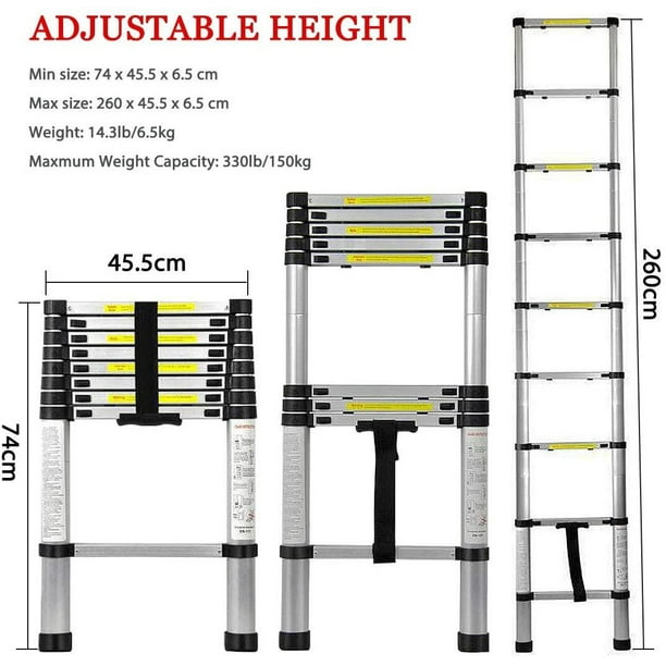 Amdohai 2.6M Telescopic Ladder Multi Purpose Aluminium Telescoping Ladder Extension Extend Portable Ladder Foldable Ladder EN131 and CE Standards