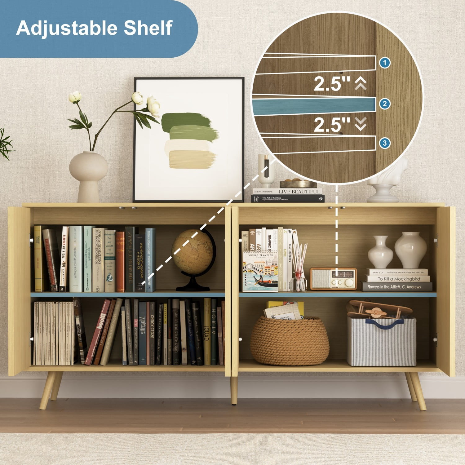 59.1" Sideboard Buffet Cabinet with Storage, 4 Door Credenza Cabinet with Adjustable Shelves, Wood Coffee Bar Console Cabinet for Kitchen Dining Room Living Room, Natural