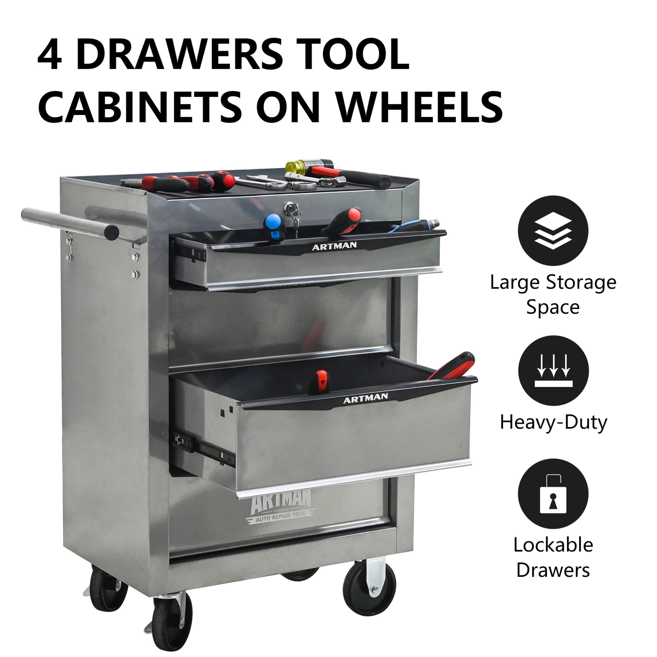 Noble House 4-Drawer Mobile Steel Tool Organizer with Key Lock, Ball Bearing Slide Storage Cabinet Box, Silver