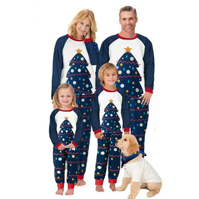 SUNSIOM Ensemble de Pyjamas de Noël Assortis pour la Famille avec Imprimé Arbre, Style Décontracté Classique Col Rond Vêtements de Vacances Vêtements de Nuit