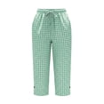 thumbnail image 3 of Gingham Capris for Women Petite Linen Cropped Pant Lightweight Dressy Casual Wide Leg Elastic Waist Summer Pull on Ladies Palazzo Capri Trouser with Pockets Green XL, 3 of 6