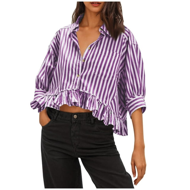 Lenpel Crop Tops for Women Trendy Collared 3/4 Lantern Sleeve Ruffle Hem Striped Button down Shirts Casual Loose Blouses