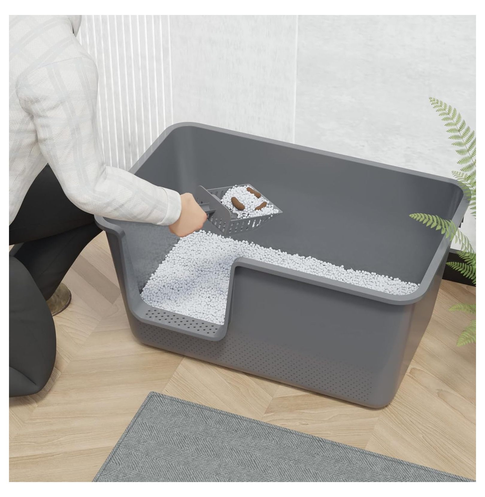 4-Pack Cat Litter Box with High Sides and , Plastic Open Litter Box, Gray