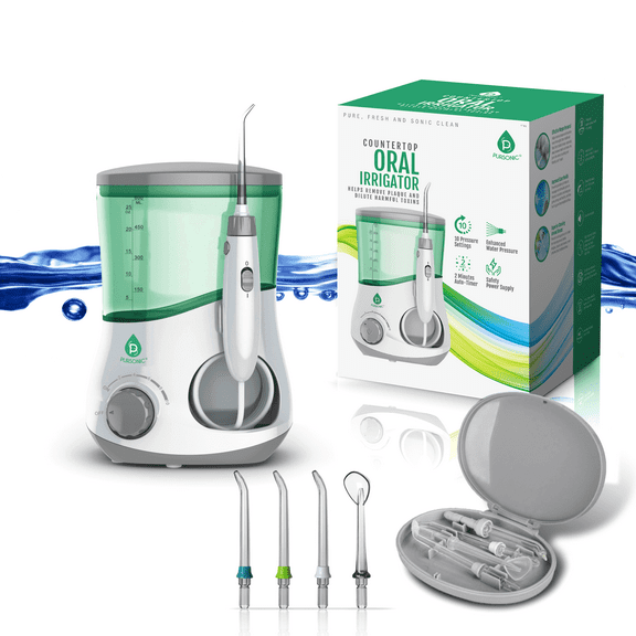 Pursonic Professional Counter Top Oral Irrigator Water Flosser with 3 Nozzles Plus a Bonus Tongue Scraper