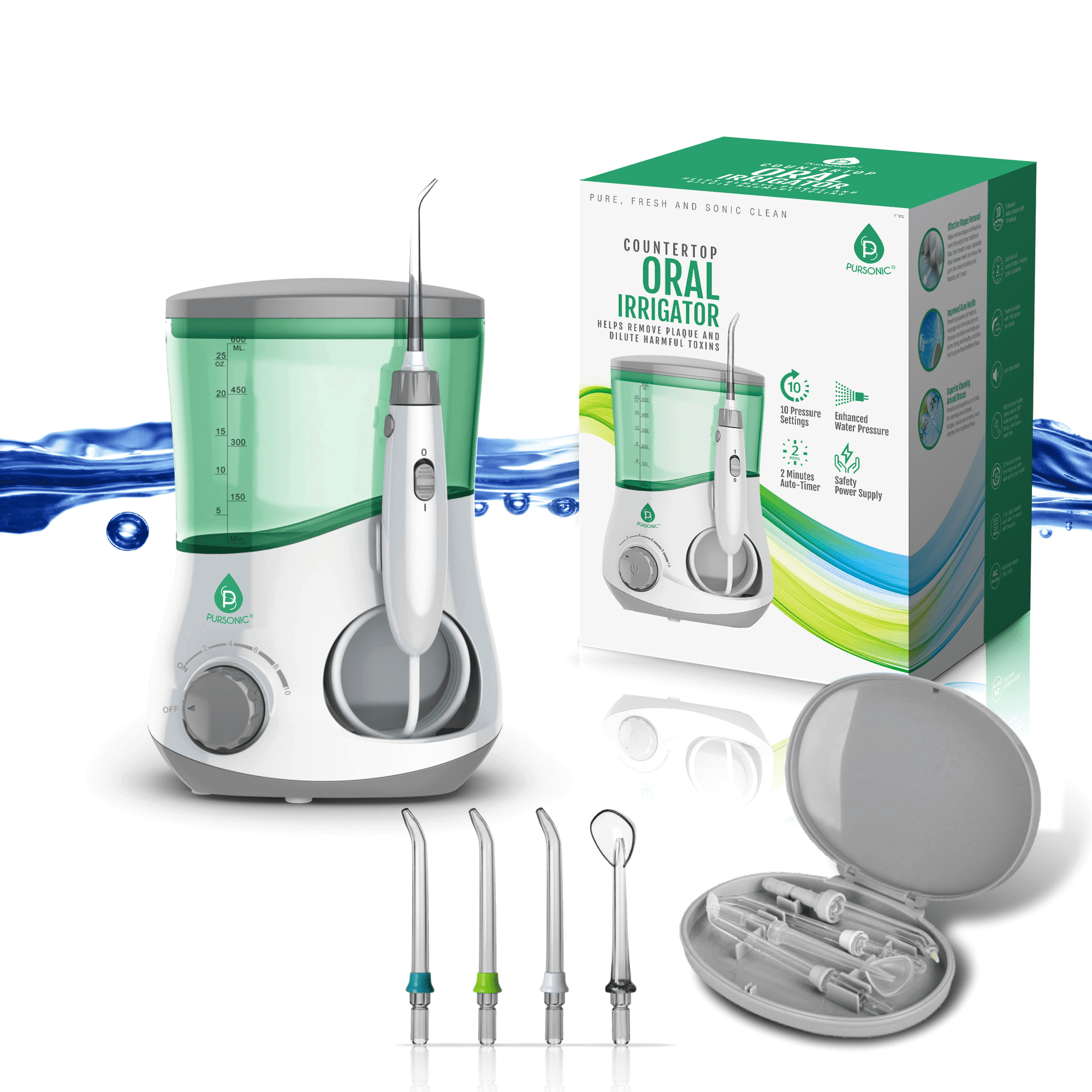 Pursonic Professional Counter Top Oral Irrigator Water Flosser with 3 Nozzles Plus a Bonus Tongue Scraper