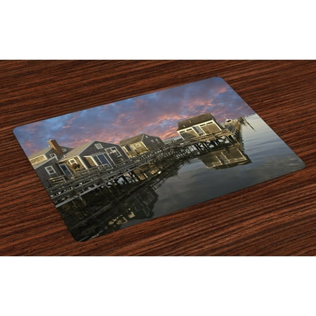 Nantucket Kitchen Table United States Placemats Set of 4 Sunset over Nantucket Massachusetts Dramatic Sky Clouds Pond Houses, Washable Fabric Place Mats for Dining Room Kitchen Table Decor,Coral Blue Sepia, by Ambesonne ()