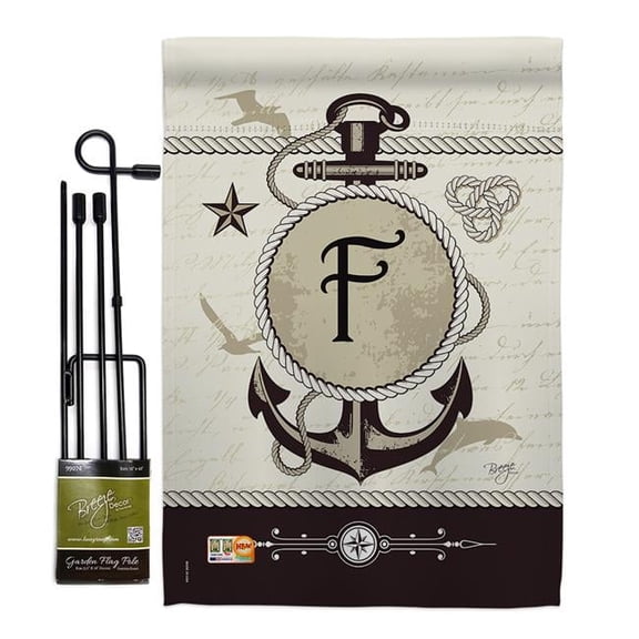 Breeze Decor BD-NA-GS-130188-IP-BO-D-US14-BD 13 x 18.5 in. Nautical F Initial Coastal Impressions Decorative Vertical Double Sided Garden Flag Set with Banner Pole